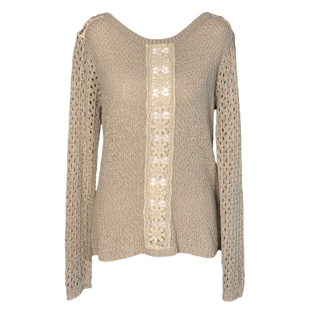 Hinge Crochet Knit Floral Lace Sweater S Beige Cottagecore Grandmillenial EUC